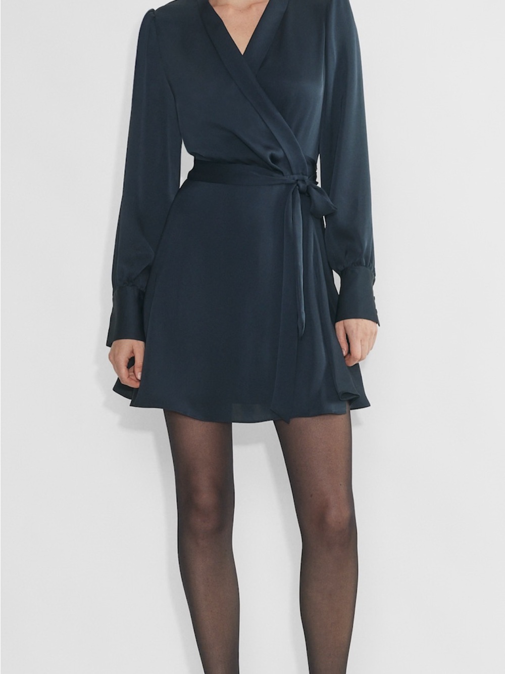 Aritzia Navy Wrap-Front Long-Sleeve Mini Dress